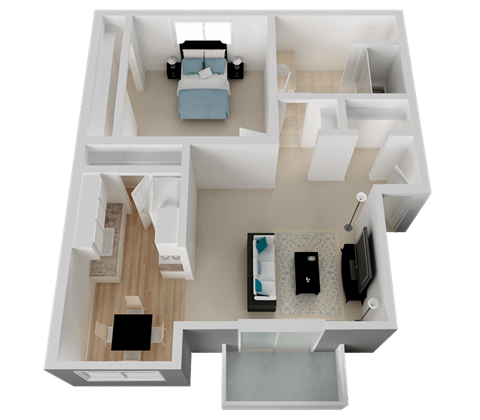 a rendering of a 3d floor plan with a bedroom and living room at Campbell West Apartments, Campbell, CA 95008